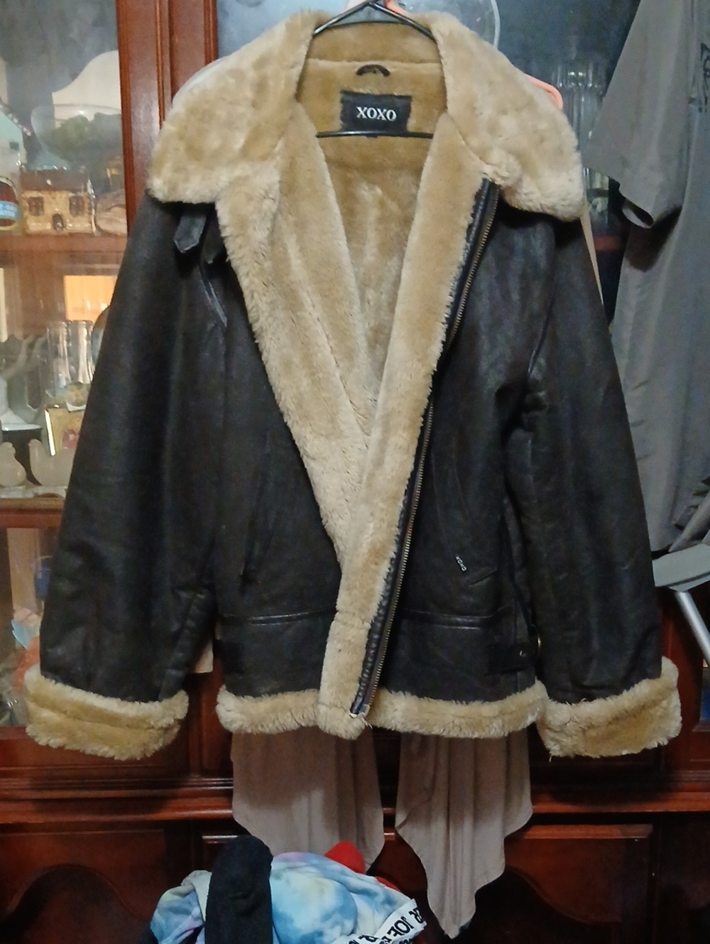 XOXO Dark Brown Faux-Shearling Aviator Jacket with Tan Lining